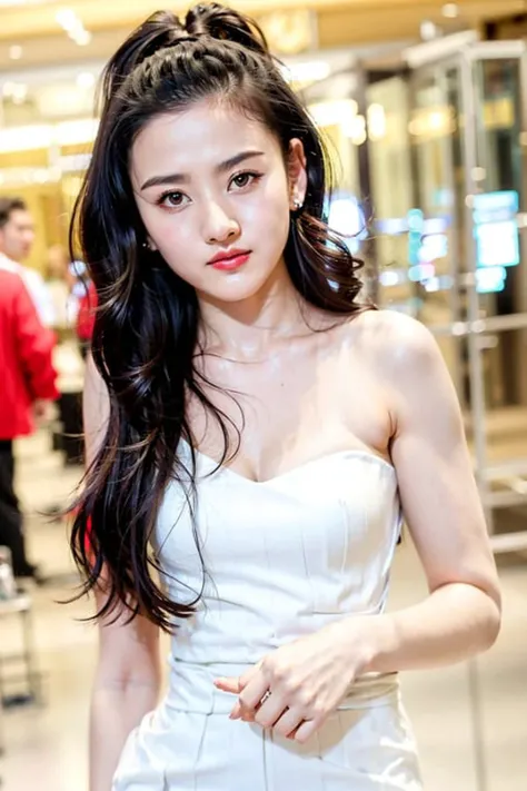 masterpiece, best quality, 1girl, aqua eyes, black hair, closed mouth, multicolored background, looking at viewer, outdoors, solo, upper body, alluring, clean, beautiful face, pure face, pale skin, sexy pose,((luxury dress,one shoulder)), long hair, ((perf...