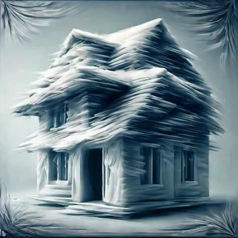 a painting of a house with a snow covered roof