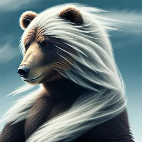 a close up of a bear with long hair on a cloudy day