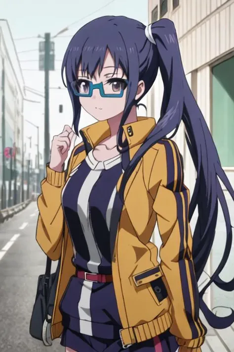 best quality, masterpiece, highres, solo, {imai_midori_shirobako:1.15}, long_hair, blue_hair, side_ponytail, 1girl, anime_coloring, black_hair, blue-framed_eyewear, glasses, jacket, track_jacket, looking_at_viewer