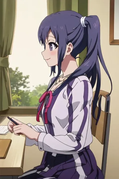 best quality, masterpiece, highres, solo, {imai_midori_shirobako:1.15}, long_hair, blue_hair, side_ponytail, 1girl, purple_hair, profile, ribbon, school_uniform, necklace, blush, jewelry, sitting, smile, dress