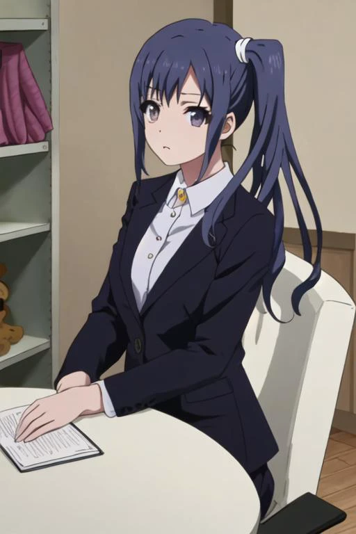 best quality, masterpiece, highres, solo, {imai_midori_shirobako:1.15}, long_hair, blue_hair, side_ponytail, 1girl, black_eyes, formal, suit, shirt, upper_body