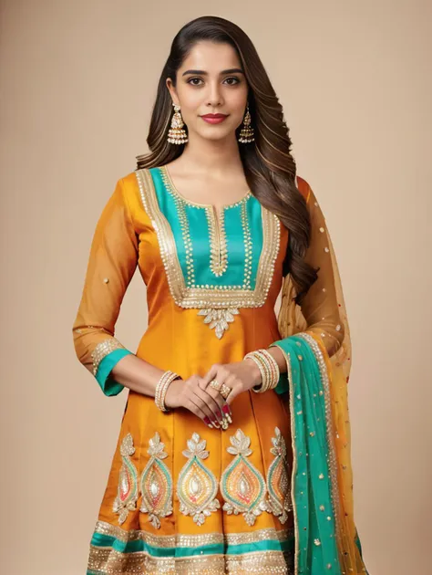 a beautiful and elegant indian woman in a yellow and green suit