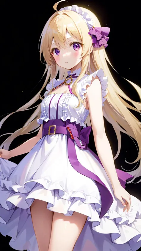 Anime, (Frills:0.9), (Purple belt:0.9), Long hair, Blonde, 1girl, masterpiece, best quality, White dress, Layer, Solo, Long dress, (Small breast:1.1)