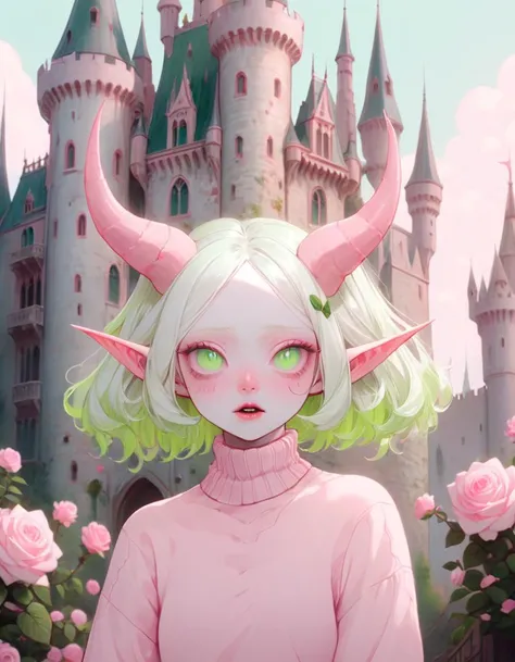 albino demon girl standing with ( green curls hair:1.2) , pink rose bushes and castle in the distance, pink turtleneck sweater, braces, chewing gum , winking ,(long intricate white horns:1.3) <lora:pale_demon:1>