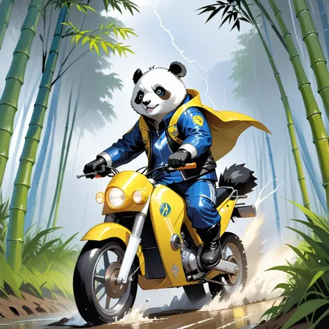 breathtaking, a anthropomorphic panda male furry riding a off-road yellow motorcycle rushing through a sharp bend in bamboo forest, thunder storm and lightning in the distance, in a dark night, he is wearing a interchange jacket and pants, which are blue w...