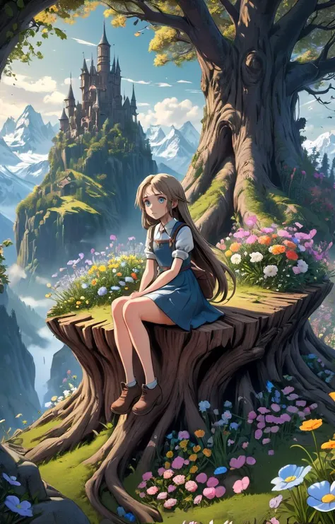 extremely detailed wallpaper, perfect anime illustration, , a girl sits on a stump, shoulders, long curvy hair, pinafore dress, by Max Rive, (flowers crowded, flowers everywhere:1.1), magical atmosphere, trending on artstation, intricate details, (8k hdr:1...