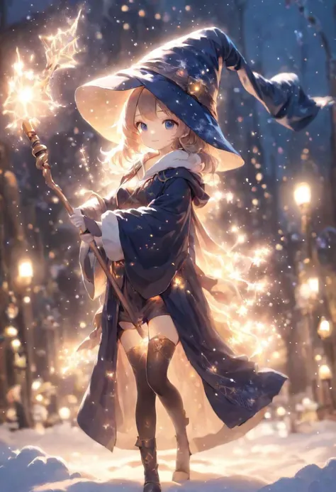 anime, cute girl, wizard hat, robe, thigh-highs, holding ancient staff, happy, midnight, bloom, ambient occlusion, glow, glowing lights, light particles, transparent, translucent, bokeh, depth of field, snow, wind