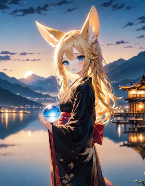 portrait photography cute anime happy fennec-ear girl blonde long messy hair blue eyes blonde hair girl wearing long black kimono japanese clothes standing at night dusk lake heaven godly mountains alps casting water spell magic holding water ball,
HDR sun...