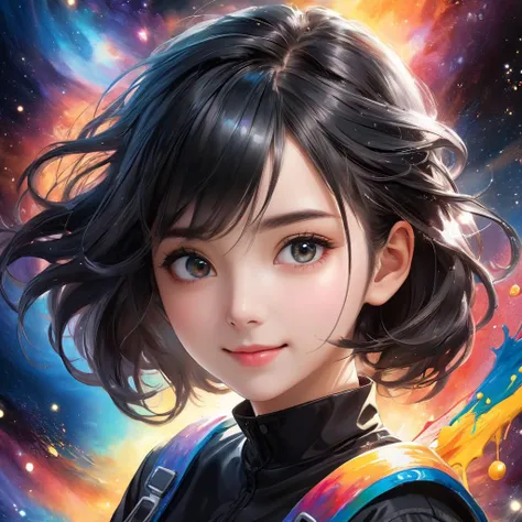 (masterpiece, top quality, best quality, official art, beautiful and aesthetic:1.2), (portrait picture, face zoom, portrait: 2), (1girl, 18y young woman, smiling, beautiful divine clothes, celestial black hole hair, huge large eyes, portrait: 2), extreme d...