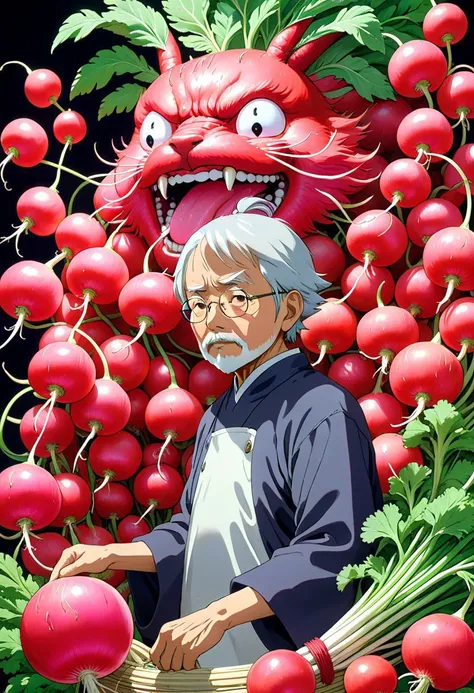 Hayao Miyazaki and Radish Spirit, Spirited Away, by Hayao Miyazaki, extremely detailed, insanely detailed and intricate, detailed art in color, extremely high detail, elderly man, 2d art, insanely detailed