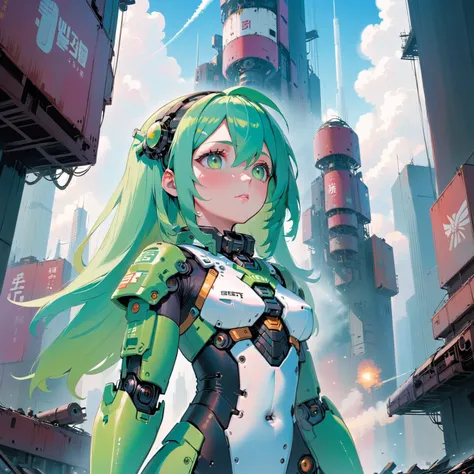 mechanical android girl looking up the sky, apocalyptic, science fiction, ruined city, scenery, anime, 