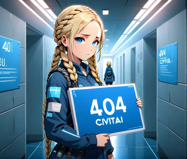 woman, blond hair, braids, sad, holding blue sign with text "404 CivitAI", futuristic corridor, realisitc anime style, <lora:Harrlogos_v1.1:1.0>