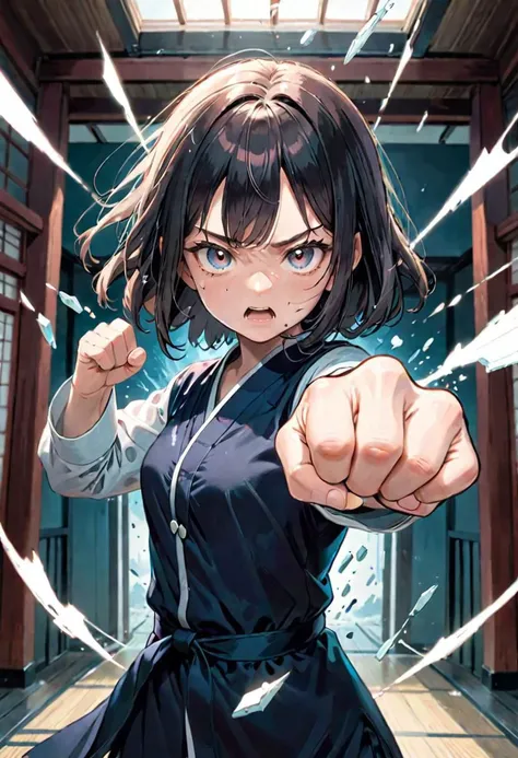 very detailed ,intricate detail, vanishing point, 1girl, solo, throwing a fist at the viewer, breaking glass,dojo