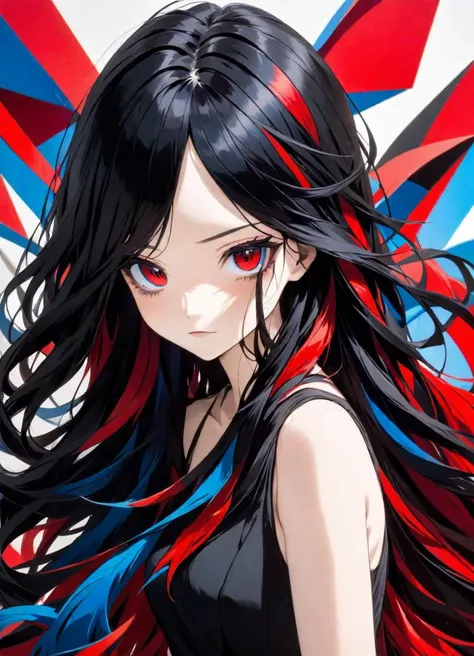 Multicolored Black hair,blue and red long hair,red eyes,Black Dress,expressionless,Paper cutout,Cubism,my room,