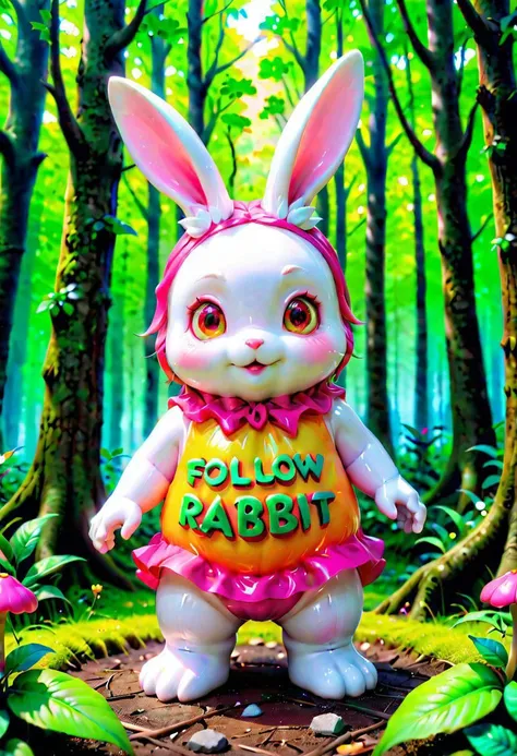 a close up of a toy rabbit in a forest with trees