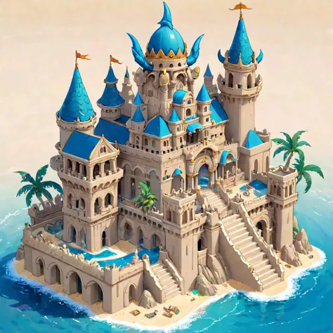 a close up of a castle on a small island in the ocean