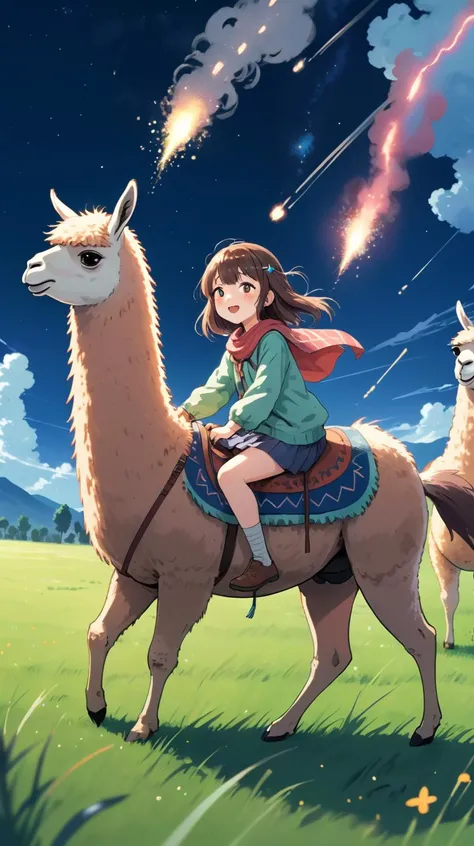 anime, a girl riding a llama in a grass field with meteors falling from the sky