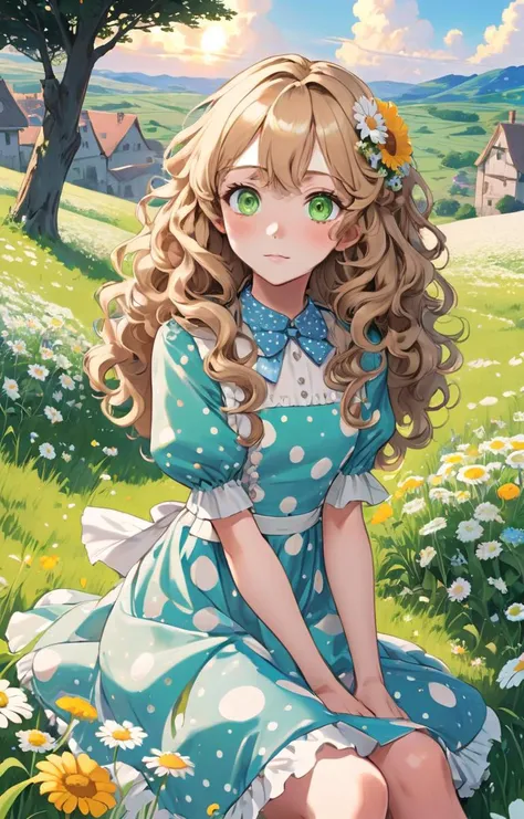 perfect anime illustration, ultra detailed, a european girl sits in the flower meadow , ultra detailed (green eyes), very long [brown|blondie|brown] curly hair, (fine face),  detailed charming light blue cocktail dress with large white polka dots, sunrise,...