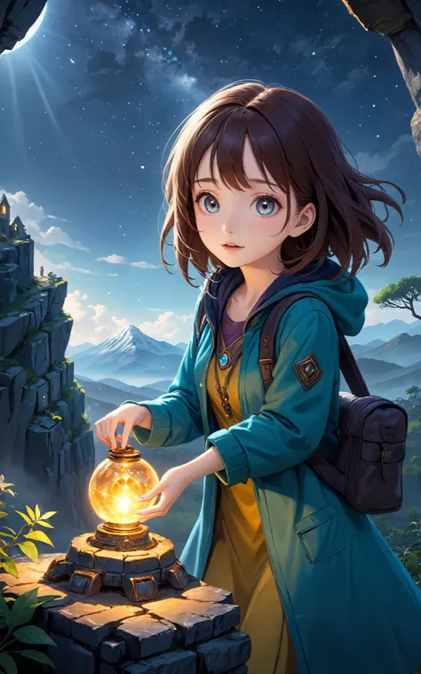 (8k masterpiece photorealistic 3d cartoon render:1.4),cute adorable face,bright eyes, (perfect seductive young woman Discovering an Ancient Artifact Atop a Mountain:1.3) mystical artifact on a mountaintop, surrounded by ancient ruins, under a canopy of sta...