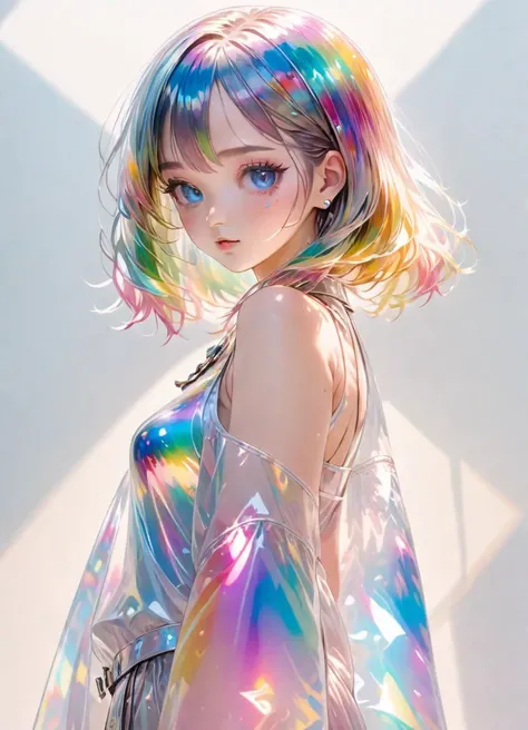 transparent color PVC clothing, transparent color vinyl clothing, prismatic, holographic, chromatic aberration, fashion illustration, masterpiece, girl with harajuku fashion, looking at viewer, 8k, ultra detailed, pixiv