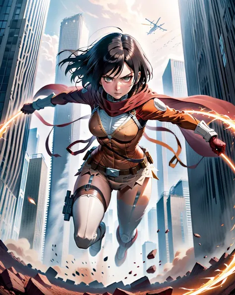 Anime, Mikasa Ackerman, utilizing her ODM gear, swings between tall buildings in pursuit of a colossal Titan. Ruins crumble beneath the Titans feet, but Mikasas determination remains unbroken.