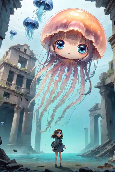 A jellyfish with big eyes is floating above the girl in front of the ruins