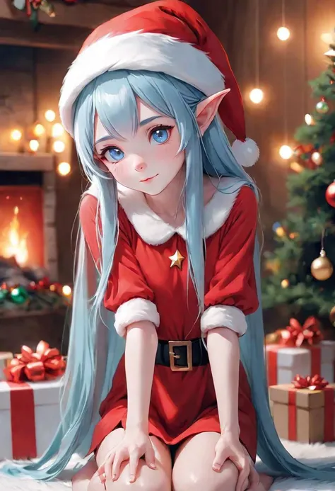 A photo of an elf girl with lite blue straight hair , looking at you.,real,natural,full body,christmas decoration,facial expression,red santa hat