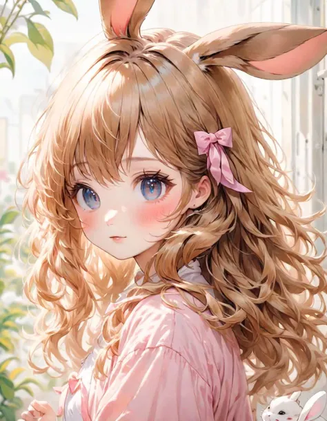 masterpiece, best quality, extremely detailed, detailed background, detailed face, Cute young bunny girl looking at viewer, blush, v, long sleeves, hair bow, bangs, (rabbit ears, wavy hair:1.2), animal ear fluff by Carl Larsson in the style of manga, paste...