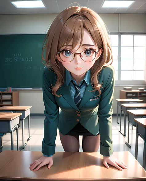 best quality,solo,prospect,superdetail,standing on the table in the middle of the classroom,movie lighting,leaning forward to look at the camera,wear glasses,