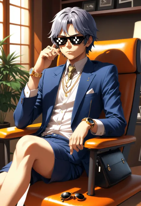 (IncrsXLDealWithIt:1.1),sunglasses, anime, 1boy, rich richy sitting on his herman miller chair, wearing expensive watch, expensive clothes