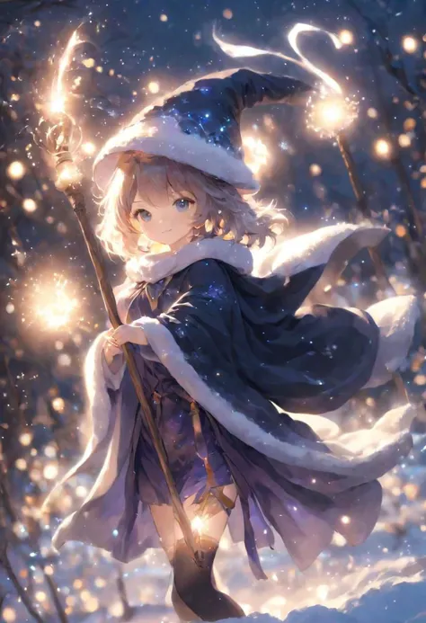 anime, cute girl, wizard hat, robe, thigh-highs, holding ancient staff, happy, midnight, bloom, ambient occlusion, glow, glowing lights, light particles, transparent, translucent, bokeh, depth of field, snow, wind