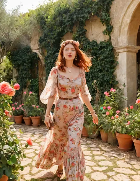 a woman in a floral dress walking through a garden