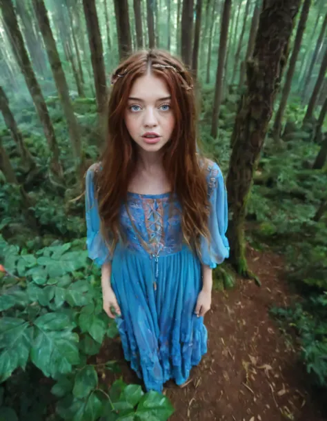 a close up of a woman in a blue dress standing in a forest