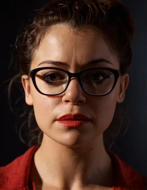 high resolution raw dslr close-up photo of tatms, a woman,cosima hair,glasses,red shirt,red pants,nose ring,front view,looking at viewer,dark,dimly lit,illuminated from behind,realistic skin texture,pores,sweaty skin,cinematic,depth of field,masterpiece,vo...