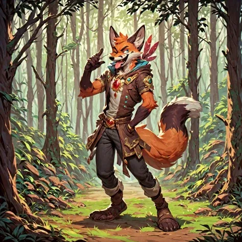 score_9, score_8_up, score_7_up, score_6_up, score_5_up, score_4_up, rating_safe, full body portrait, an anthro male fox, winking, tongue out, forest, darkgem