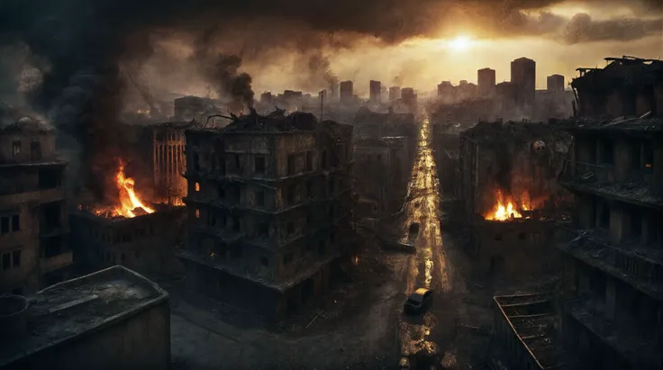 a view of a city with a lot of buildings and fire