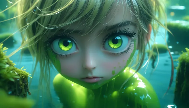 a close up of a girl with green eyes and a green body