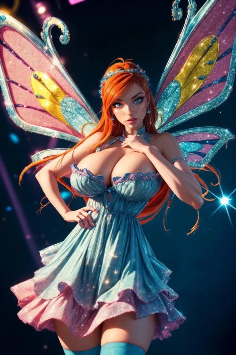 (ultra realistic,32k, masterpiece:1.2),(high detailed skin:1.1),( high quality:1.1),
<lora:WinxClubEnchantixBloom:0.8>Bloom,pout,(mascara, long lashes:1.1), dress,thighhighs, fairy wings, orange hair, blue eyes, sparkling outfit, glitter, light particles, ...