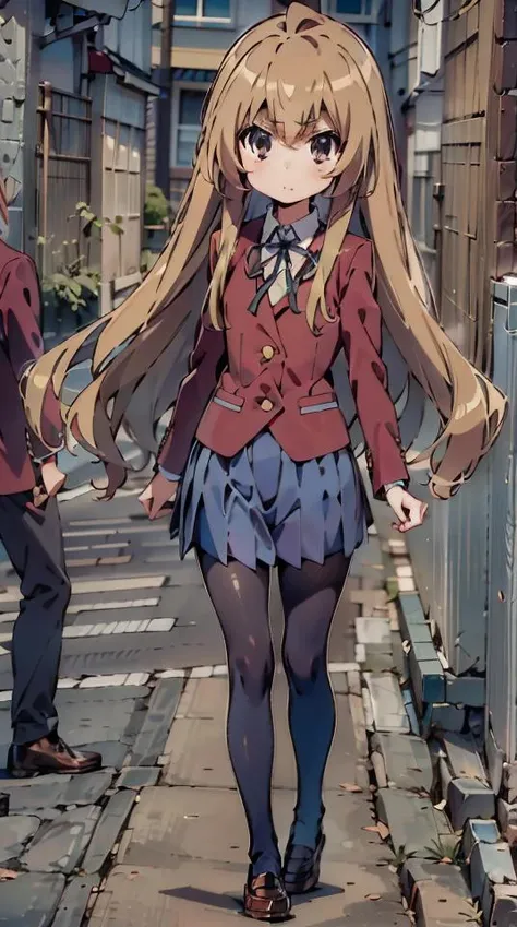 anime girl walking down a street with a man in the background