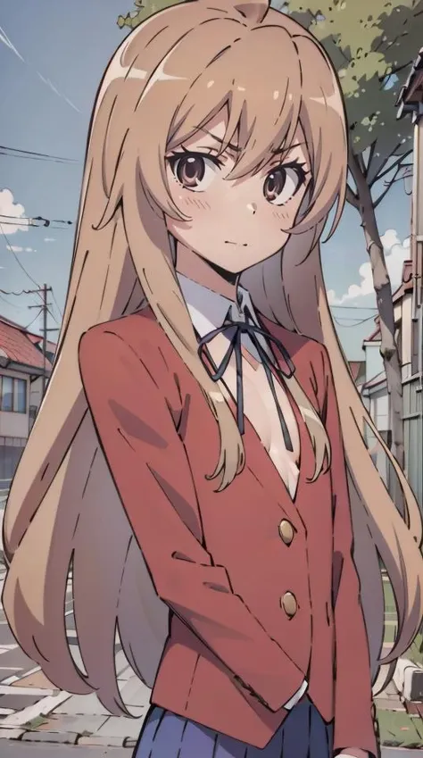 anime girl in red jacket and blue skirt standing in front of a tree（aisaka taiga)