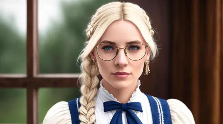 tiktok girl, close up (crossed_ankles:1.2) blonde_hair, , braid , victorian_era , white (toga) , at observatory , jewelry, (full_body:1.4), (realistic:1.4), masterpiece, high quality, realistic lighting, center of frame, 8k, hdr, amateur, glasses, (freckle...