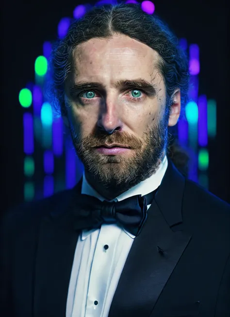 portrait of sks person in tuxedo, (perfect eyes), energetic and colorful streams of light (photo, studio lighting, hard light, sony a7, 50 mm, matte skin, pores, concept art, colors, hyperdetailed), with professional color grading, soft shadows, bright col...