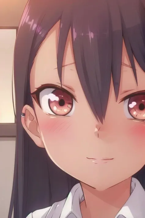 anime girl with long black hair and red eyes staring at camera