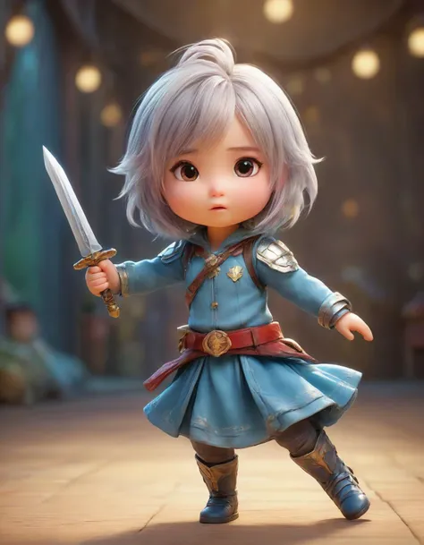 a heroic little girl brandishes her sword in a valiant pose, shiny nose, cute hair accessories, highly textured skin, light and shadow, anti-aliasing, color-graded, vivid colors, floating motes, dynamic volumetric lighting, strong bokeh 3D effect