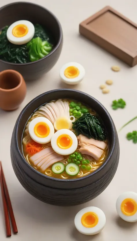bowl of steaming hot ramen noodles, with a variety of toppings including sliced pork, boiled egg, green onions, and a sheet of nori (dried seaweed). The broth looks rich and flavorful, likely made from a combination of chicken, pork, and dashi.