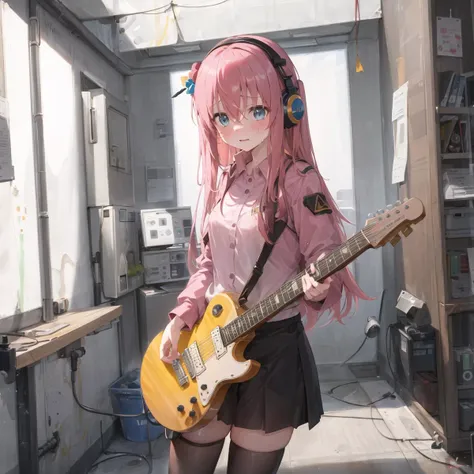 ((masterpiece,best quality)),1girl, gotou, sweat, embarrassed, wet, blush, solo, black skirt, blue eyes, electric guitar, guitar, headphones, holding, holding plectrum, instrument, long hair, , music, one side up, playing guitar, (pink jersey), indoors