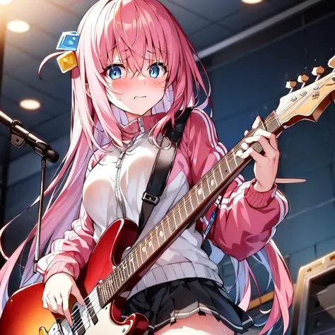 ((masterpiece,best quality)),1girl, gotou, sweat, embarrassed, wet, blush, solo, black skirt, blue eyes, electric guitar, guitar, holding, holding plectrum, instrument, long hair, music, one side up, playing guitar, (track jacket), pink jacket, indoors