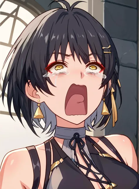 anime girl with black hair and yellow eyes with a surprised look