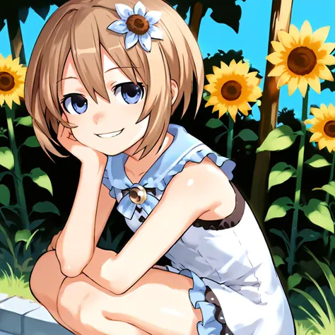 anime girl sitting on a bench in front of a field of sunflowers